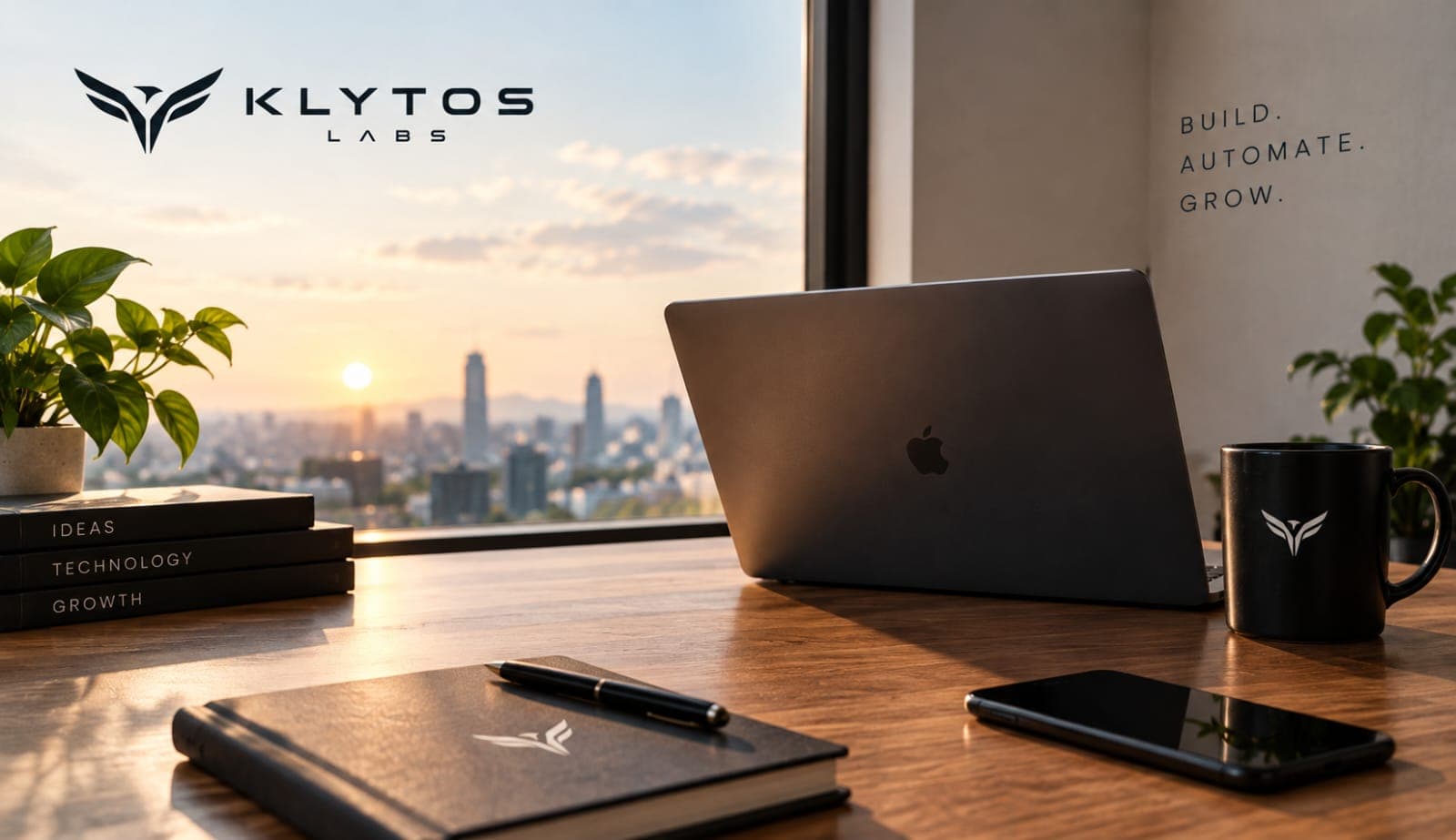 The Klytos Labs desk at sunrise
